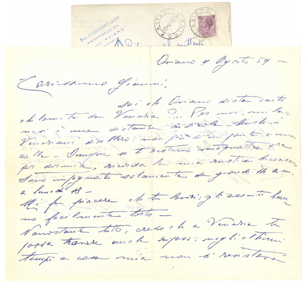 Autografo originale 1959 AVIANO PN Lettera medico Alessandro DIAN a un amico Autografo 1