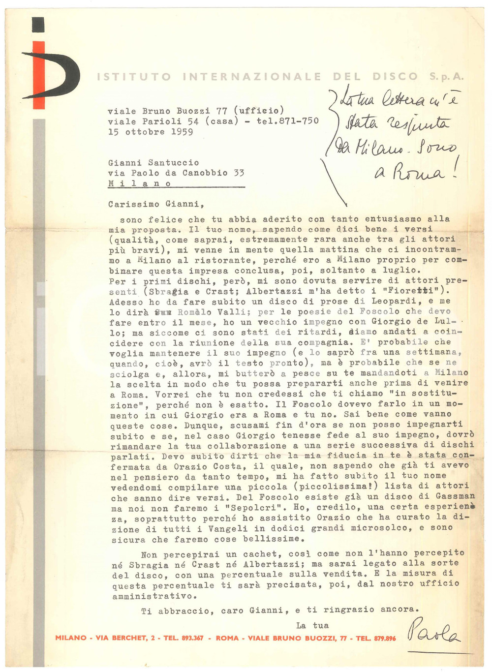 Autografo originale 1959 ROMA Istituto del Disco  Lettera Paola OJETTI per nuova collana Autografo 1