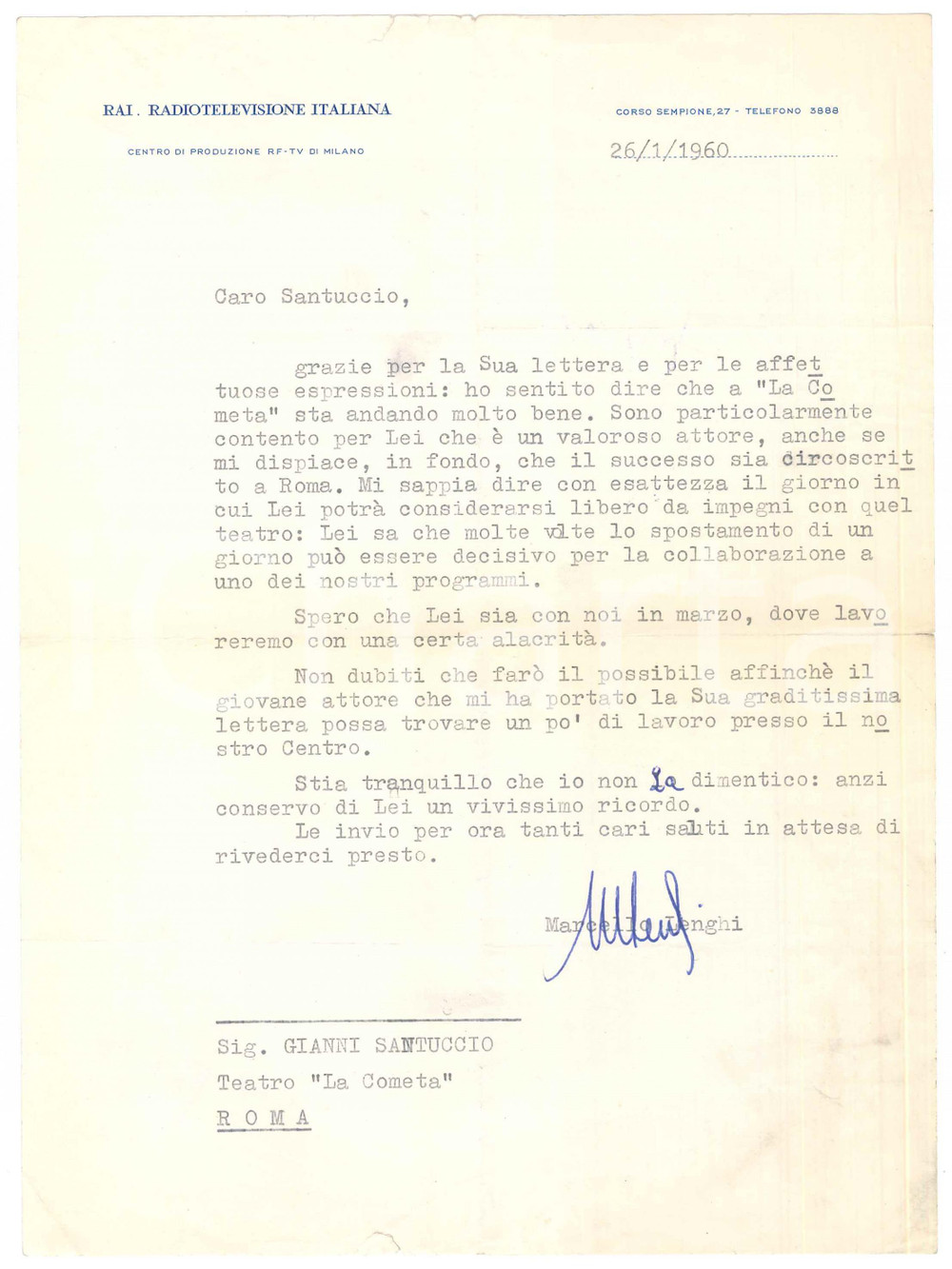 Autografo originale 1960 MILANO  RAI TV  Lettera Marcello LENGHI per collaborazione Autografo 1