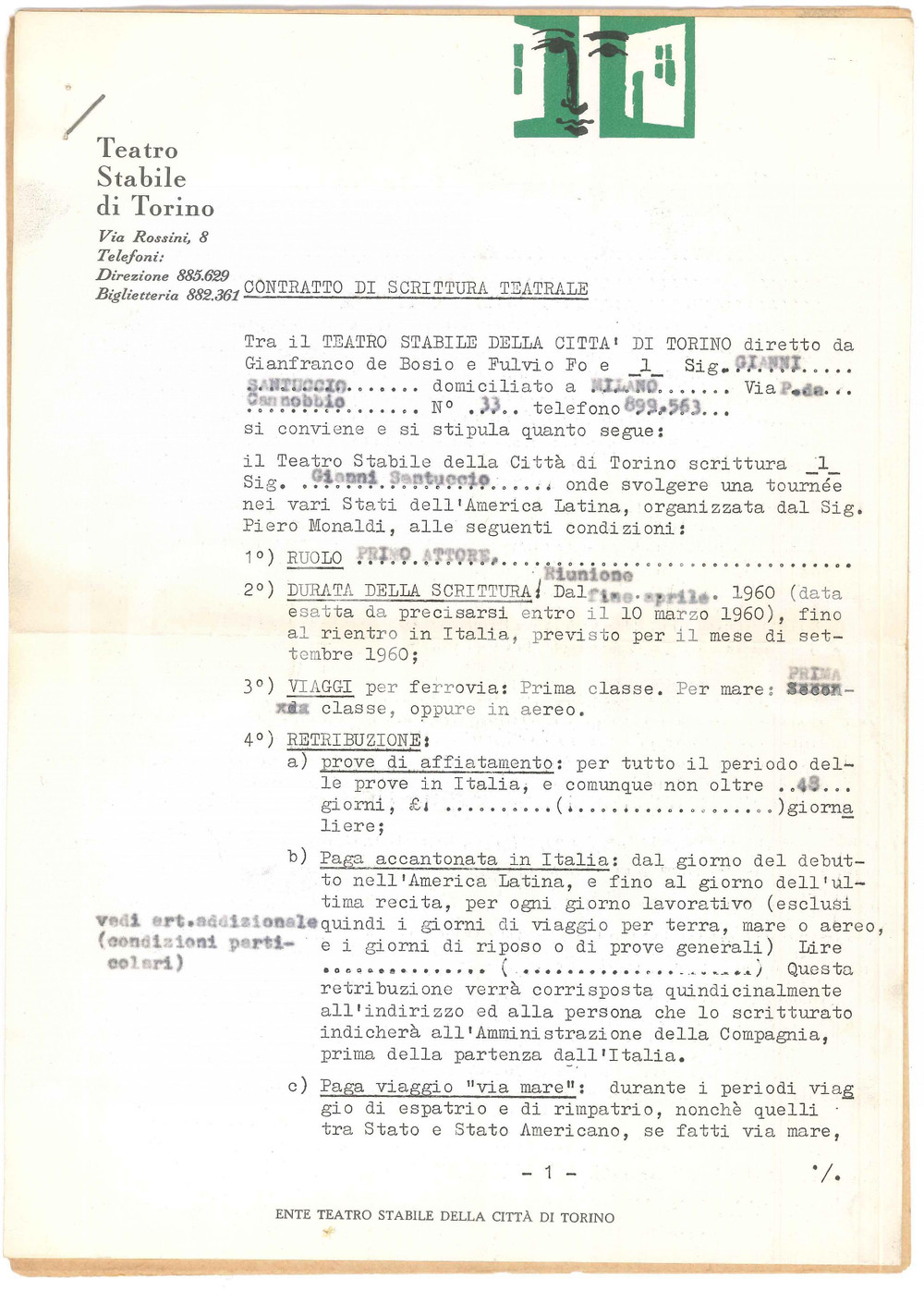 Documento originale, autentico 1960 TORINO Teatro Stabile  Contratto a Gianni SANTUCCIO per tour in Sudamerica 1