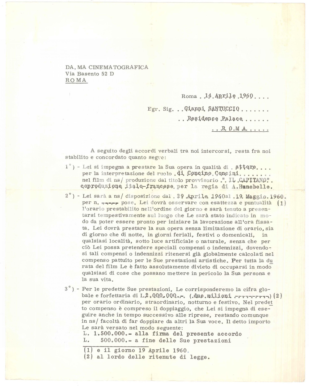 Documento originale, autentico 1960 ROMA  DA. MA. CINEMATOGRAFICA Contratto a Gianni SANTUCCIO per film 1