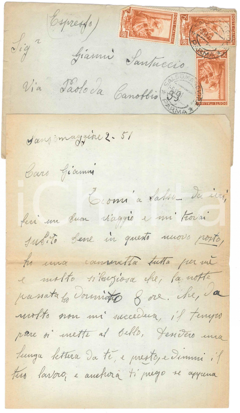 Autografo originale 1951 SALSOMAGGIORE TERME  Luigia DONADONI al figlio Gianni Santuccio AUTOGRAFO 1