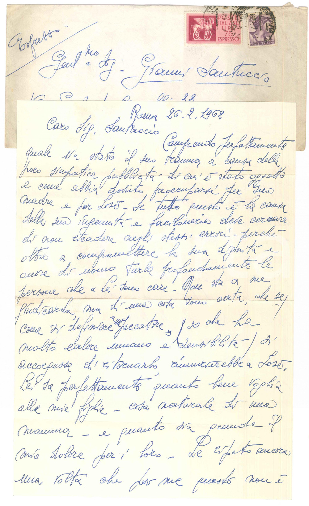 Documento originale, autentico 1962 ROMA Pettegolezzi su Gianni SANTUCCIO e José GRECI  Lettera madre 1