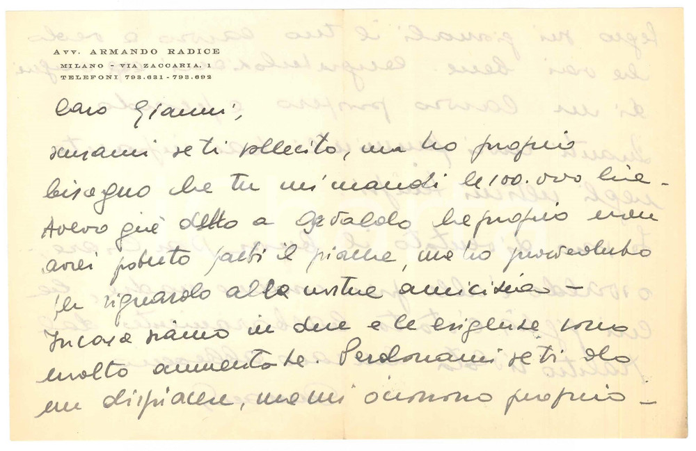 Autografo originale 1950 ca MILANO Lettera avv. Armando RADICE per sollecito denaro Autografo 1