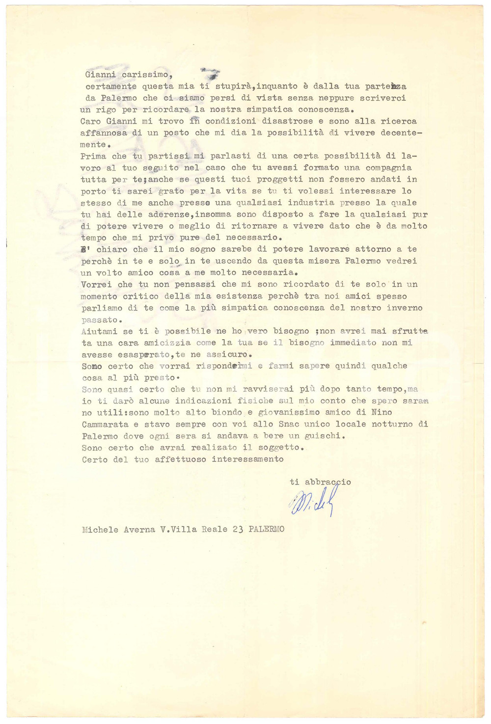 Manoscritto, lettera originale 1960 ca PALERMO Lettera Michele AVERNA attore in condizioni disastrose 1