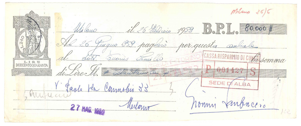 Autografo originale 1959 MILANO Attore GIANNI SANTUCCIO  AUTOGRAFO su cambiale B.P.L. 5 1