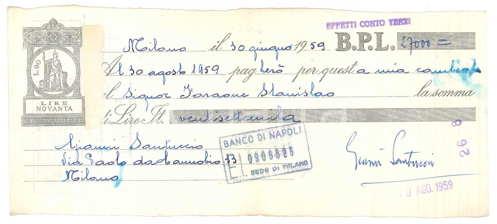 Autografo originale 1959 MILANO Attore GIANNI SANTUCCIO  AUTOGRAFO su cambiale B.P.L. 2 1