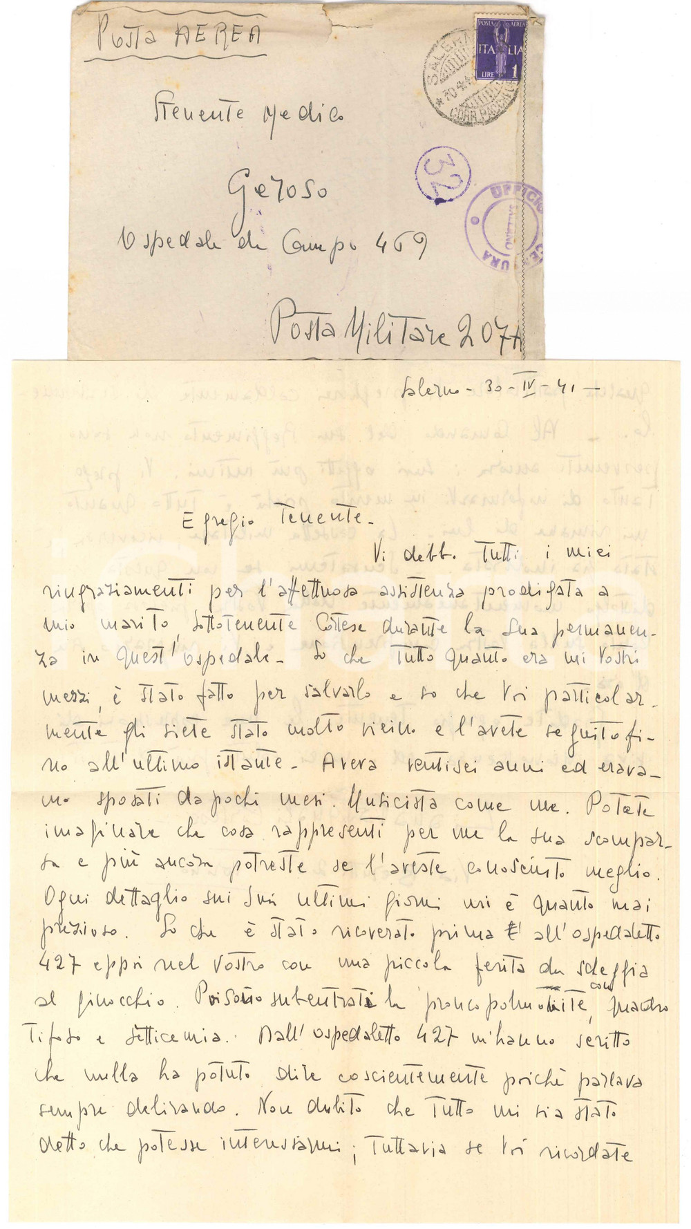 1941 SALERNO Musicista Liana PASQUALI ringrazia per le cure al marito *AUTOGRAFO