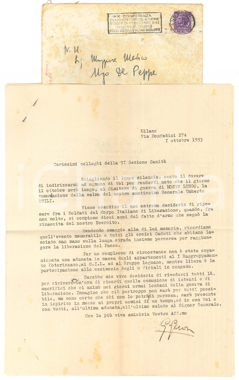 Autografo originale 1953 MILANO Lettera Giuseppe GEROSA su tumulazione salma gen. UTILI Autografo 1