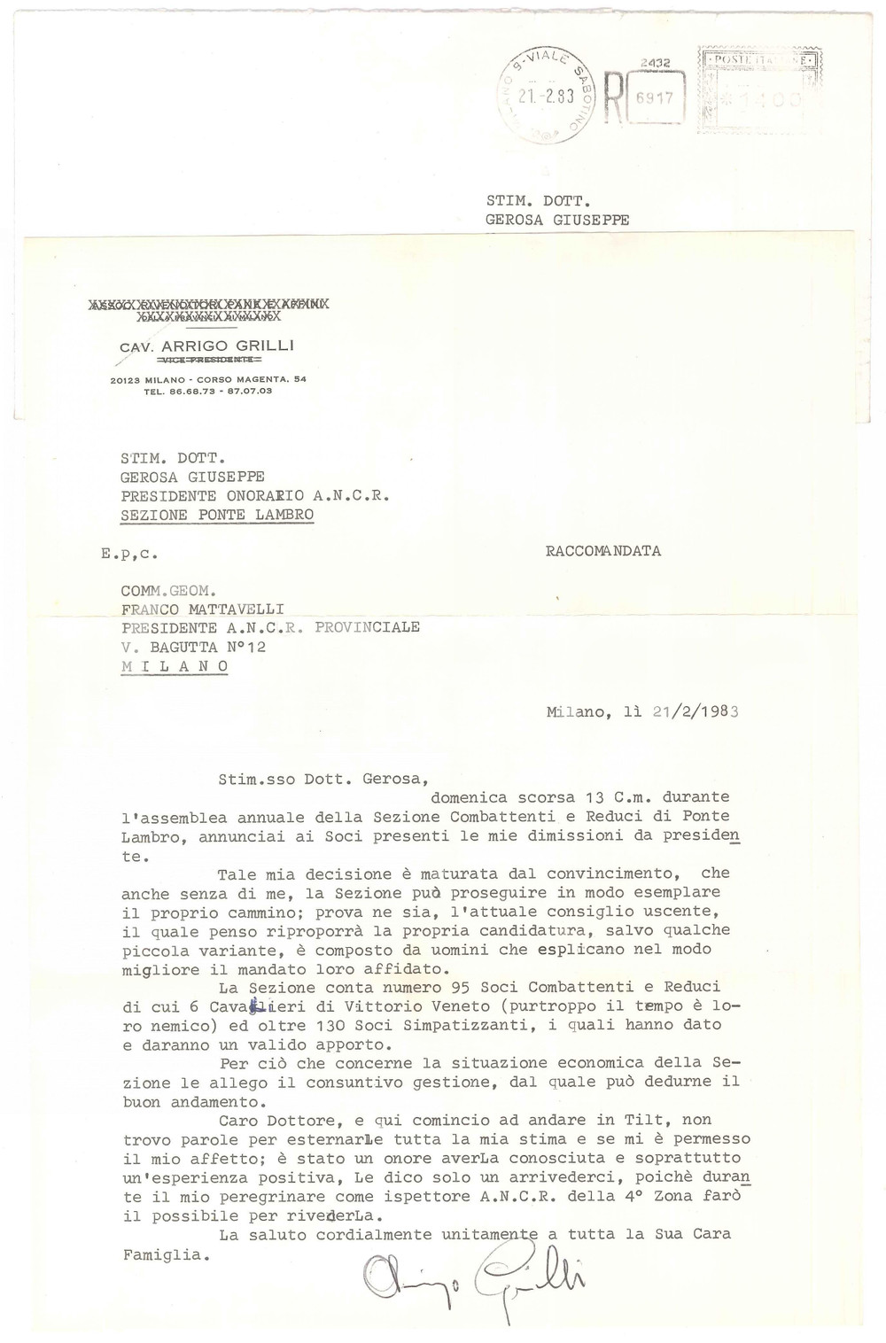 Autografo originale 1983 MILANO Lettera cav. Arrigo GRILLI  Dimissioni ANCR Autografo 1