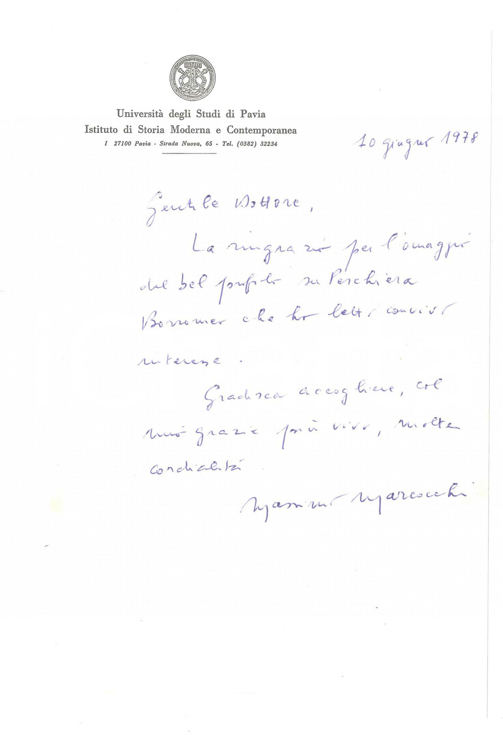 Autografo originale 1978 Università di PAVIA  Massimo MARCOCCHI Istituto Storia Moderna AUTOGRAFO 1