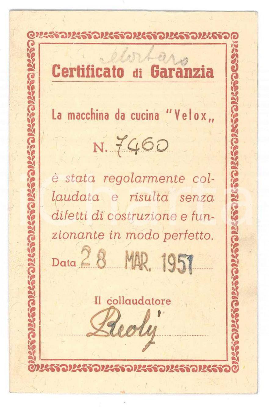 Oggetto da collezione cartaceo 1951 VELOX Macchinari da cucina  Certificato garanzia motore a doppio attacco 1