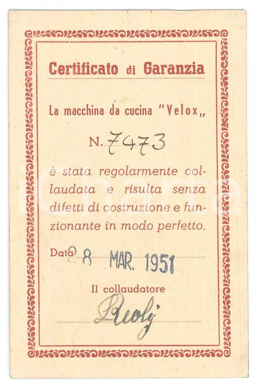 Oggetto da collezione cartaceo 1951 VELOX Macchinari da cucina  Certificato garanzia PassapurÃ© 6x10 cm 1