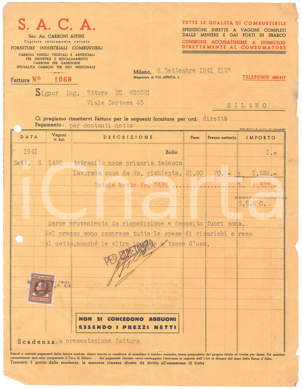 Documento originale, autentico 1941 MILANO Via Aprica 4 SACA SocietÃ  Carboni e Affini  Fattura per antracite 1