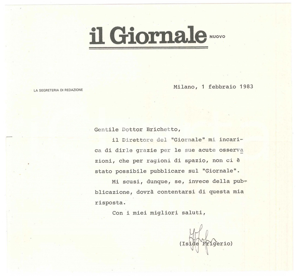 Documento originale, autentico 1983 MILANO IL GIORNALE Autografo di Iside FRIGERIO Assistente Indro MONTANELLI 1