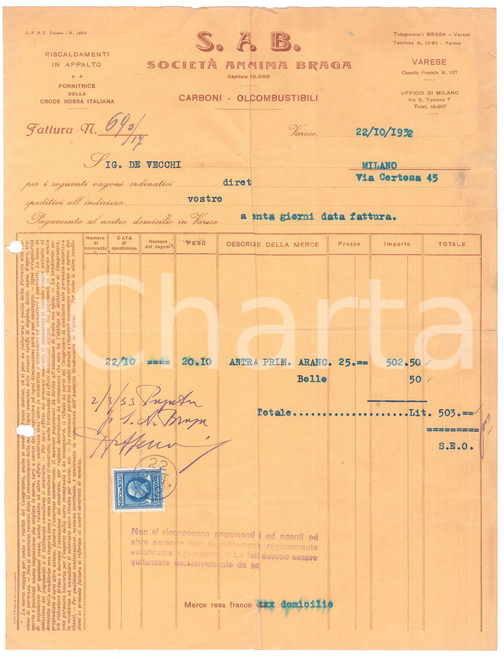 Documento originale, autentico 1932 VARESE  SAB SocietÃ  Anonima Braga  Carboni e olii combustibili  Fattura 1