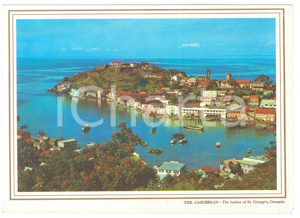 Oggetto da collezione cartaceo 1970 ca PAN AMERICAN AIRLINES Rainbow service menu GRENADA St. George s harbour 1