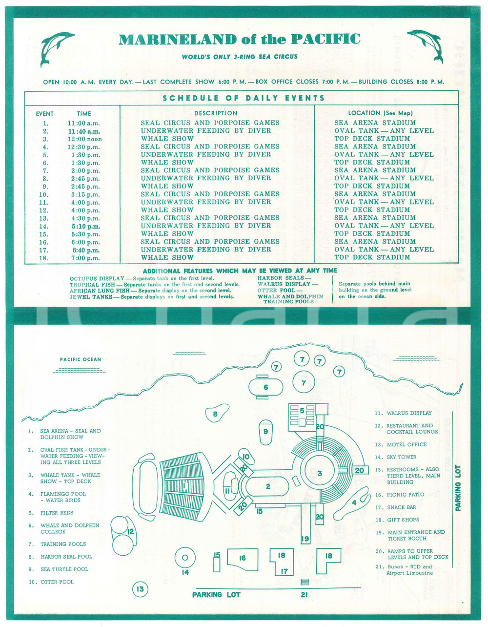 Materiale pubblicitario d’epoca 1960 ca LOS ANGELES COUNTY Oceanarium MARINELAND OF THE PACIFIC Pieghevole 14x21 1