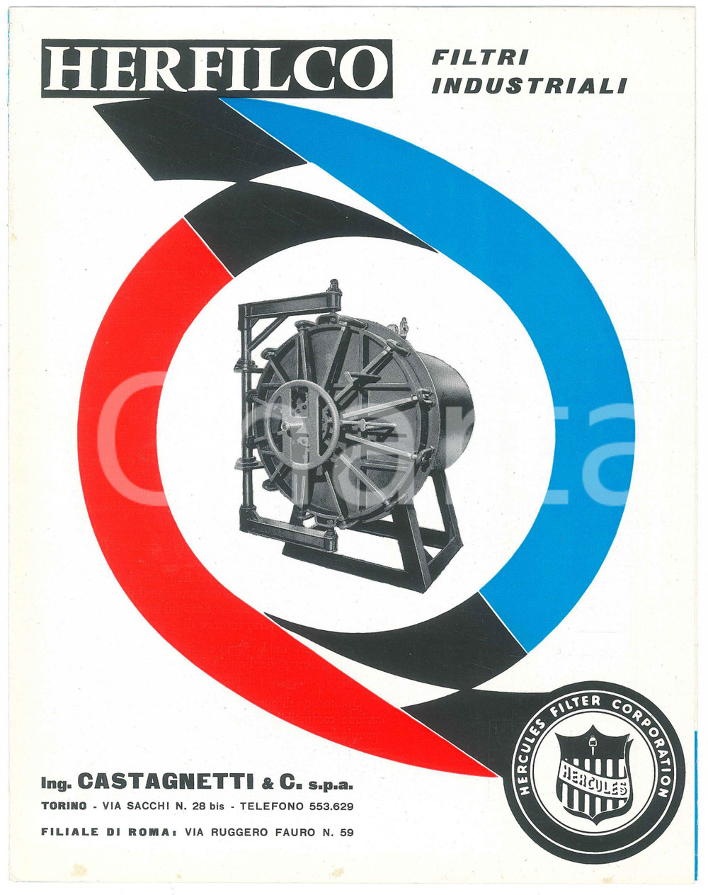 Materiale pubblicitario d’epoca 1955 ca TORINO Ing. Castagnetti  Filtri HERCULES HERFILCO Listino 20x25 cm 1
