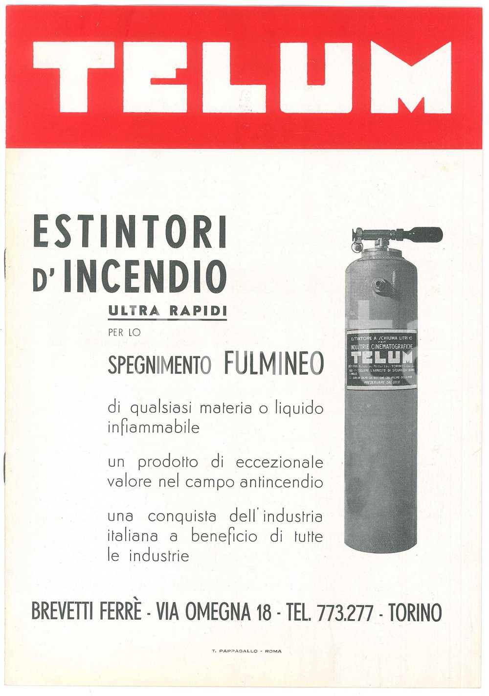 Materiale pubblicitario d’epoca 1955 ca TORINO Estintori d incendio TELUM Estintori portatili Listino 20x28 cm 1