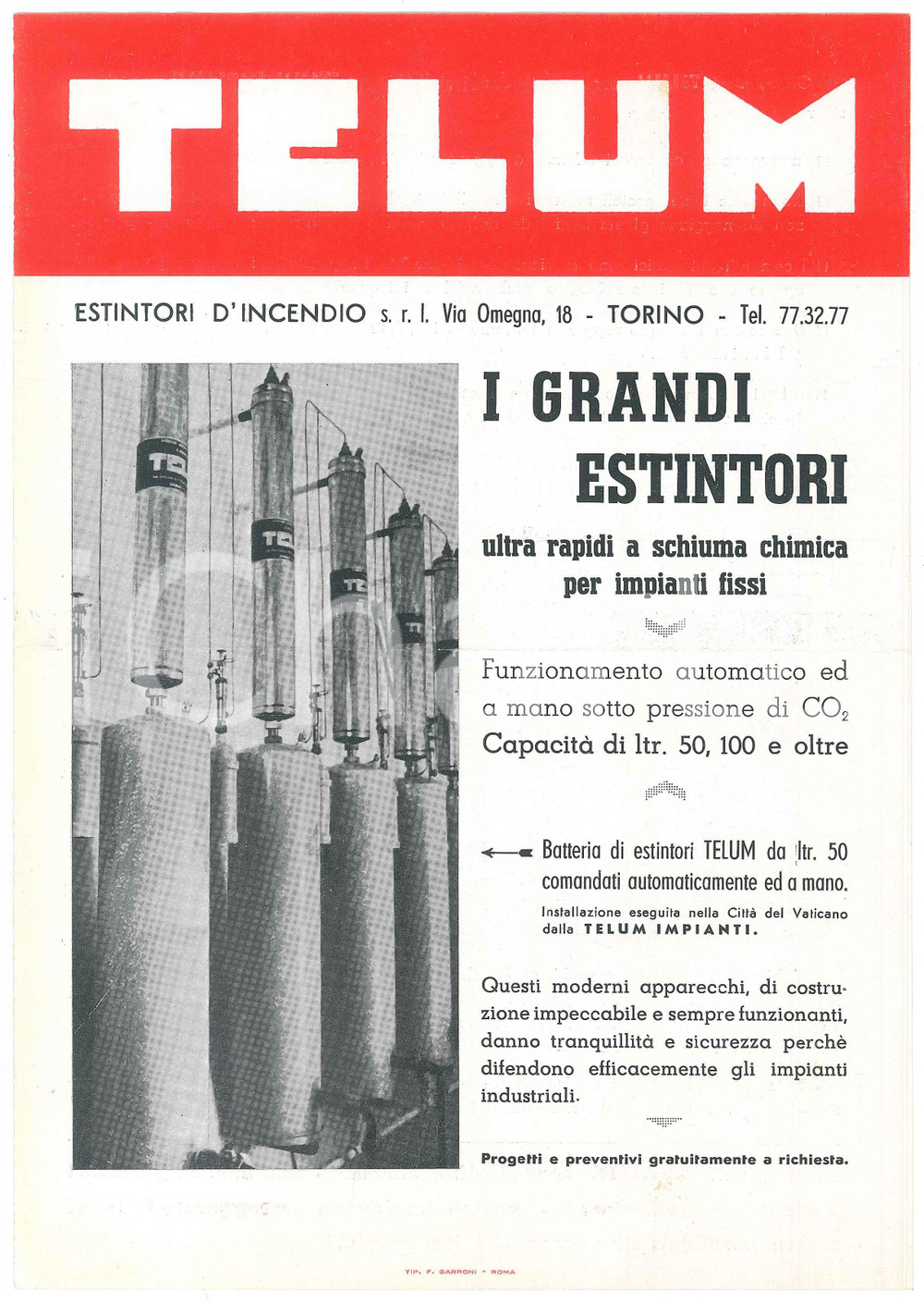 Materiale pubblicitario d’epoca 1955 ca TORINO Estintori d incendio TELUM Grandi estintori  Listino 20x28 cm 1