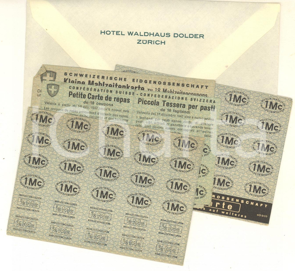 Documento originale, autentico 1942 WW2 SVIZZERA Lotto 4 tessere per i pasti  Hotel WALDHAUS DOLDER ZURICH 1