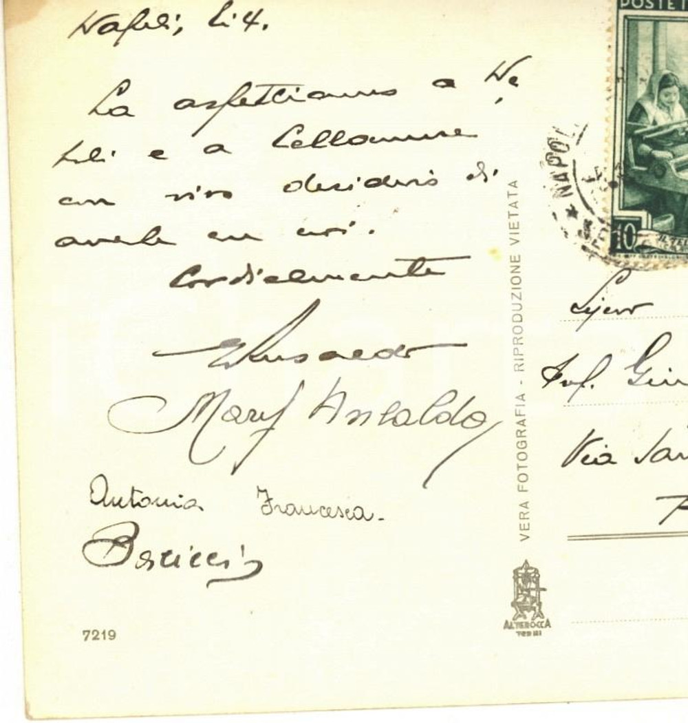 Autografo originale 1963 NAPOLI Cartolina Giovanni ANSALDO  Invito a un amico AUTOGRAFO 1