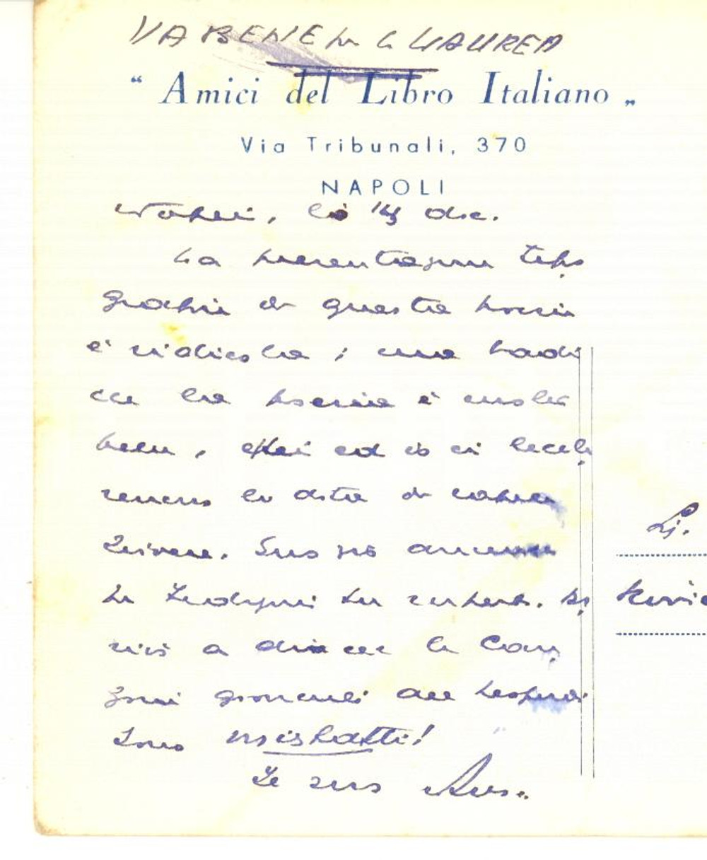 Autografo originale 1962 NAPOLI Amici del Libro Italiano  Cartolina Giovanni ANSALDO  AUTOGRAFO 1