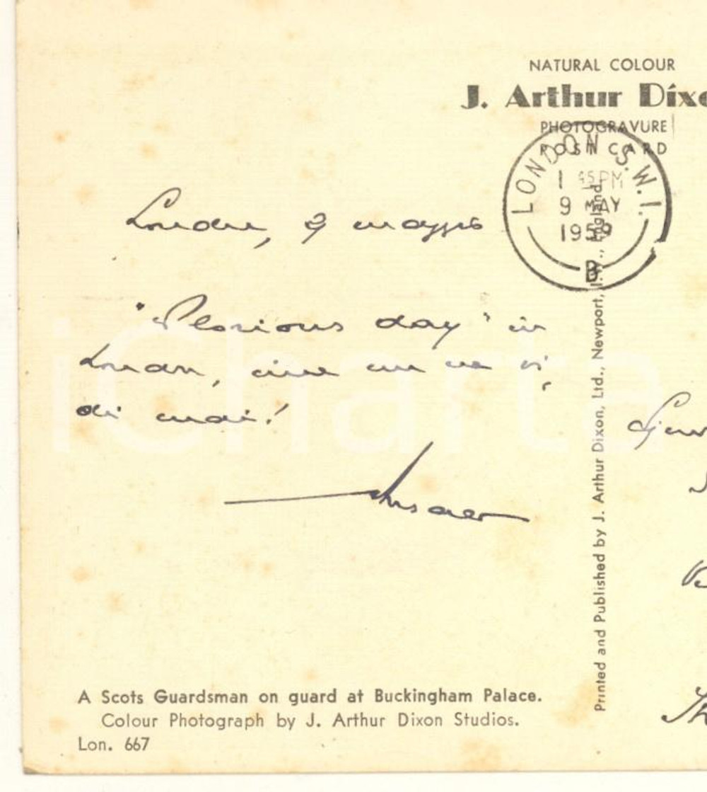 Autografo originale 1959 LONDRA Cartolina Giovanni ANSALDO direttore Il Mattino  AUTOGRAFO 1