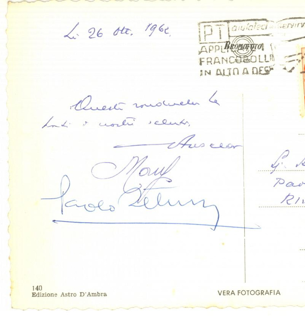 Autografo originale 1962 Santuario di MONTENERO LI Cartolina Giovanni ANSALDO  AUTOGRAFO 1