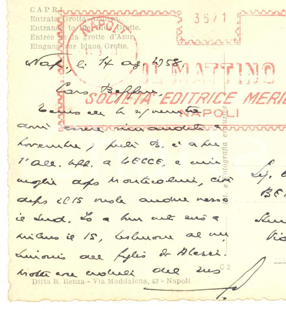 Autografo originale 1958 NAPOLI Giovanni ANSALDO rimanda un appuntamento  AUTOGRAFO 1