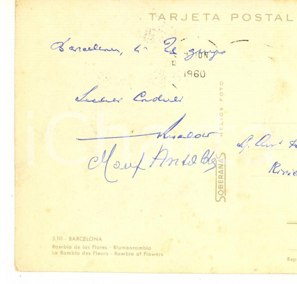 Autografo originale 1960 BARCELLONA Cartolina Giovanni ANSALDO direttore Il Mattino  AUTOGRAFO 1