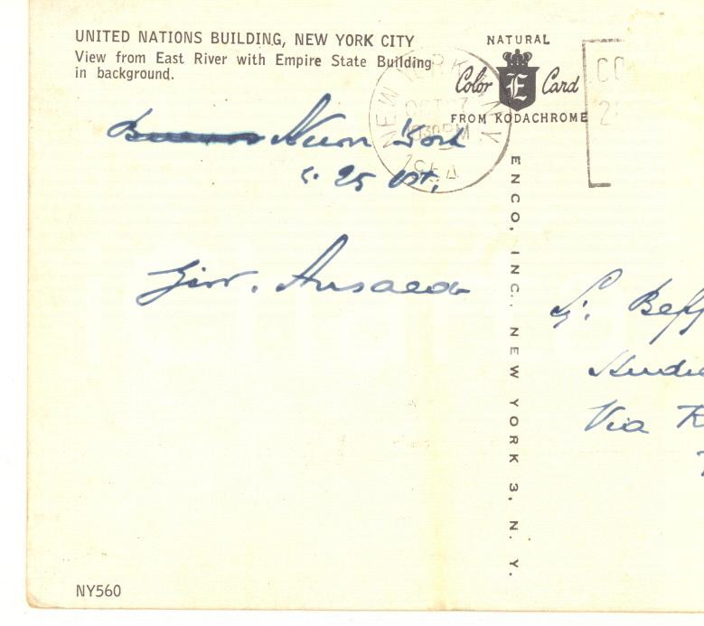 Autografo originale 1954 NEW YORK Cartolina Giovanni ANSALDO direttore Il Mattino  AUTOGRAFO 1