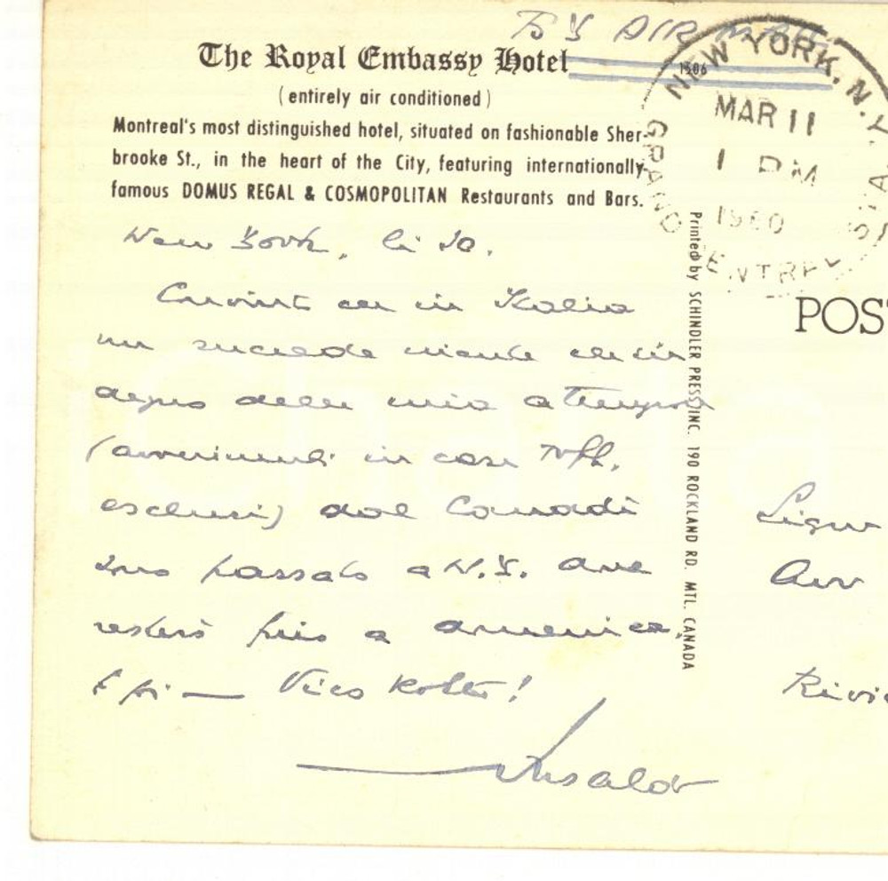 Autografo originale 1960 MONTREAL CANADA Cartolina Giovanni ANSALDO  AUTOGRAFO 1