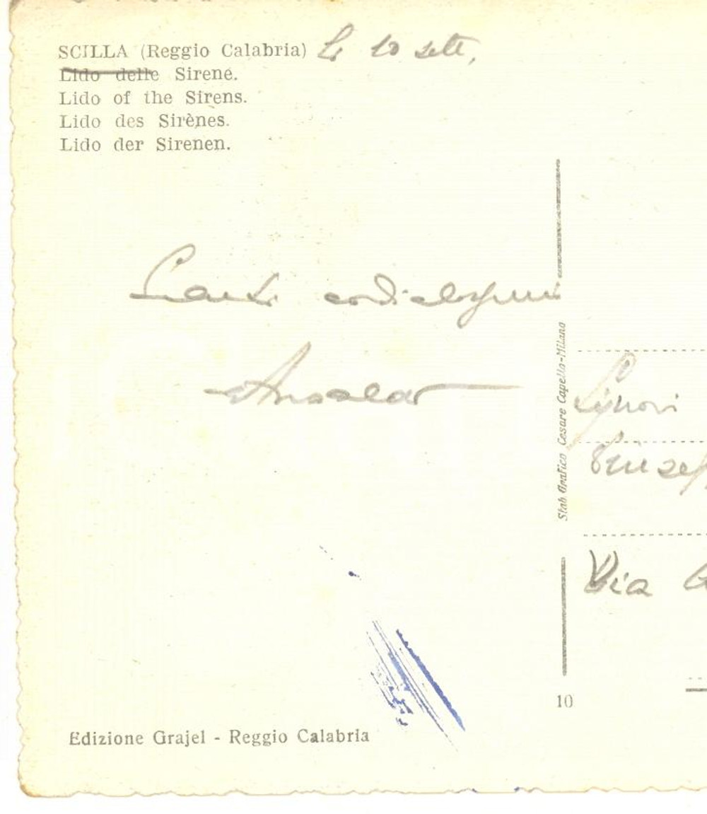 Autografo originale 1956 SCILLA RC Cartolina Giovanni ANSALDO direttore Il Mattino  AUTOGRAFO 1