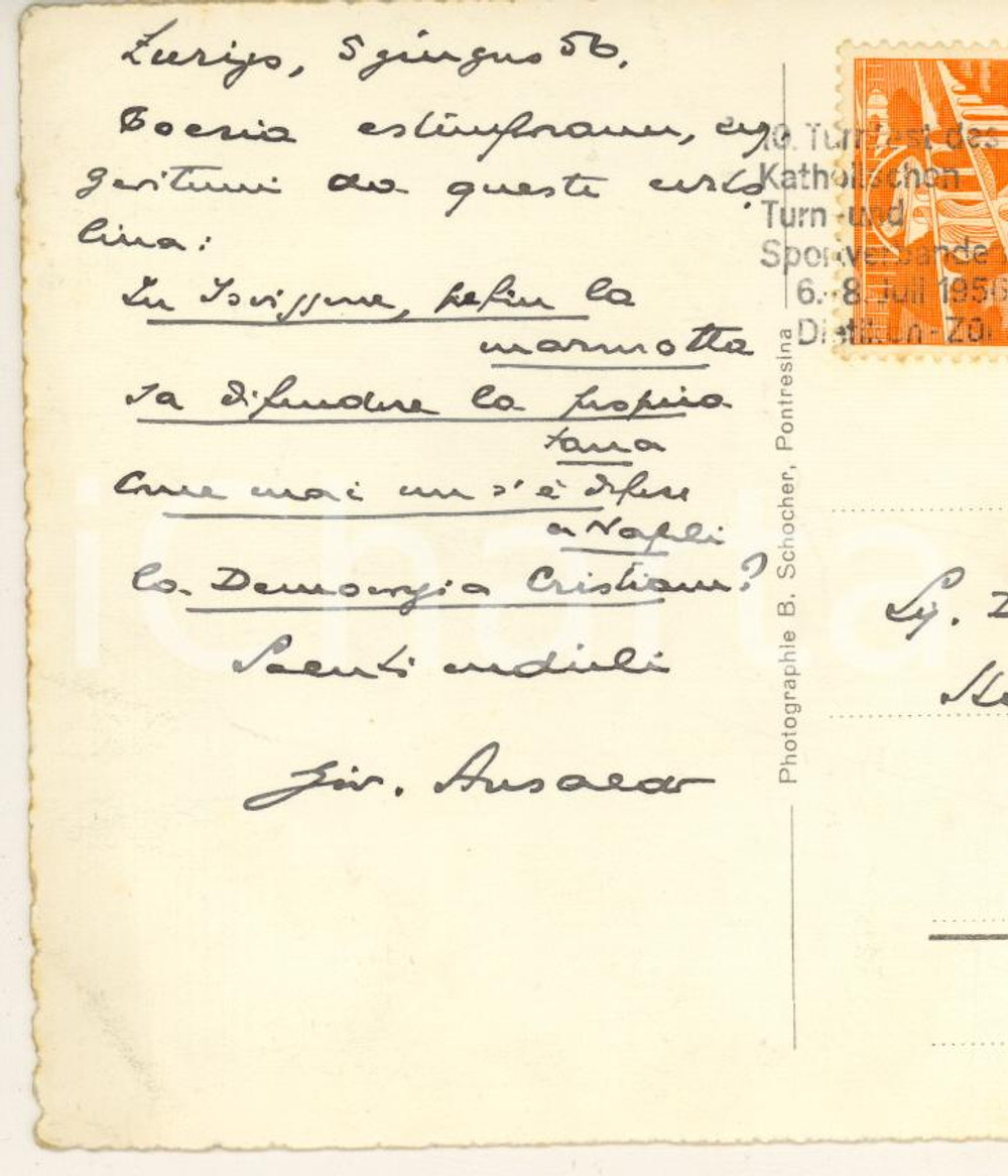 Autografo originale 1956 ZURIGO Cartolina Giovanni ANSALDO direttore Il Mattino  AUTOGRAFO 1