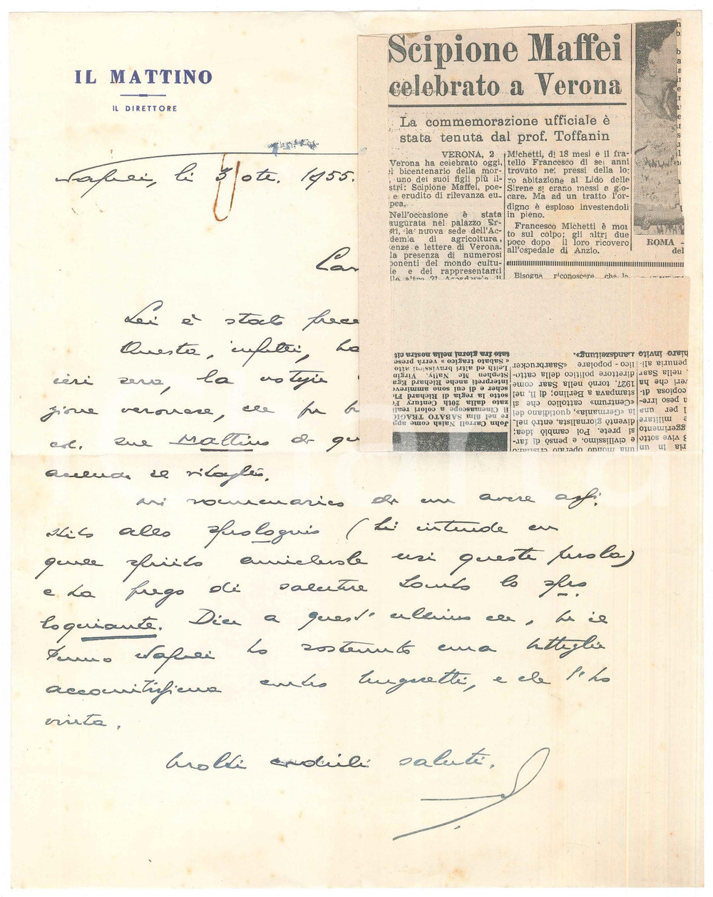 Autografo originale 1955 NAPOLI Giovanni ANSALDO su commemorazione Scipione Maffei AUTOGRAFO 1