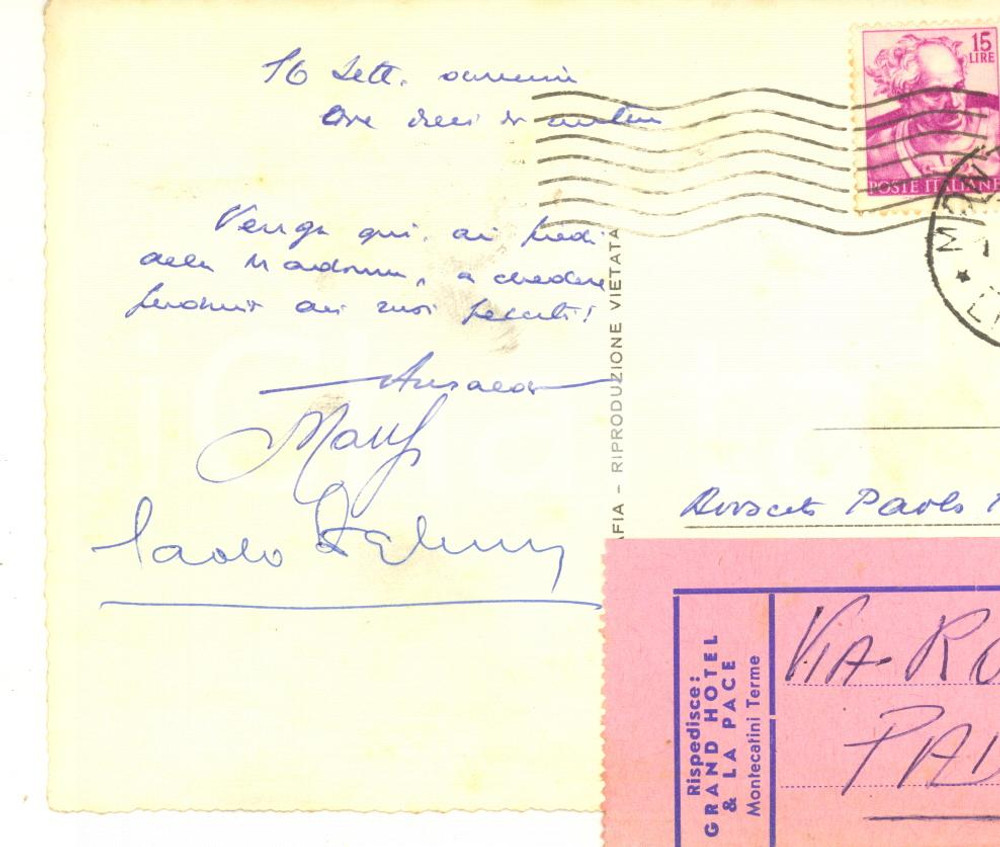 Autografo originale 1962 Santuario di MONTENERO LI Cartolina Giovanni ANSALDO AUTOGRAFO 1