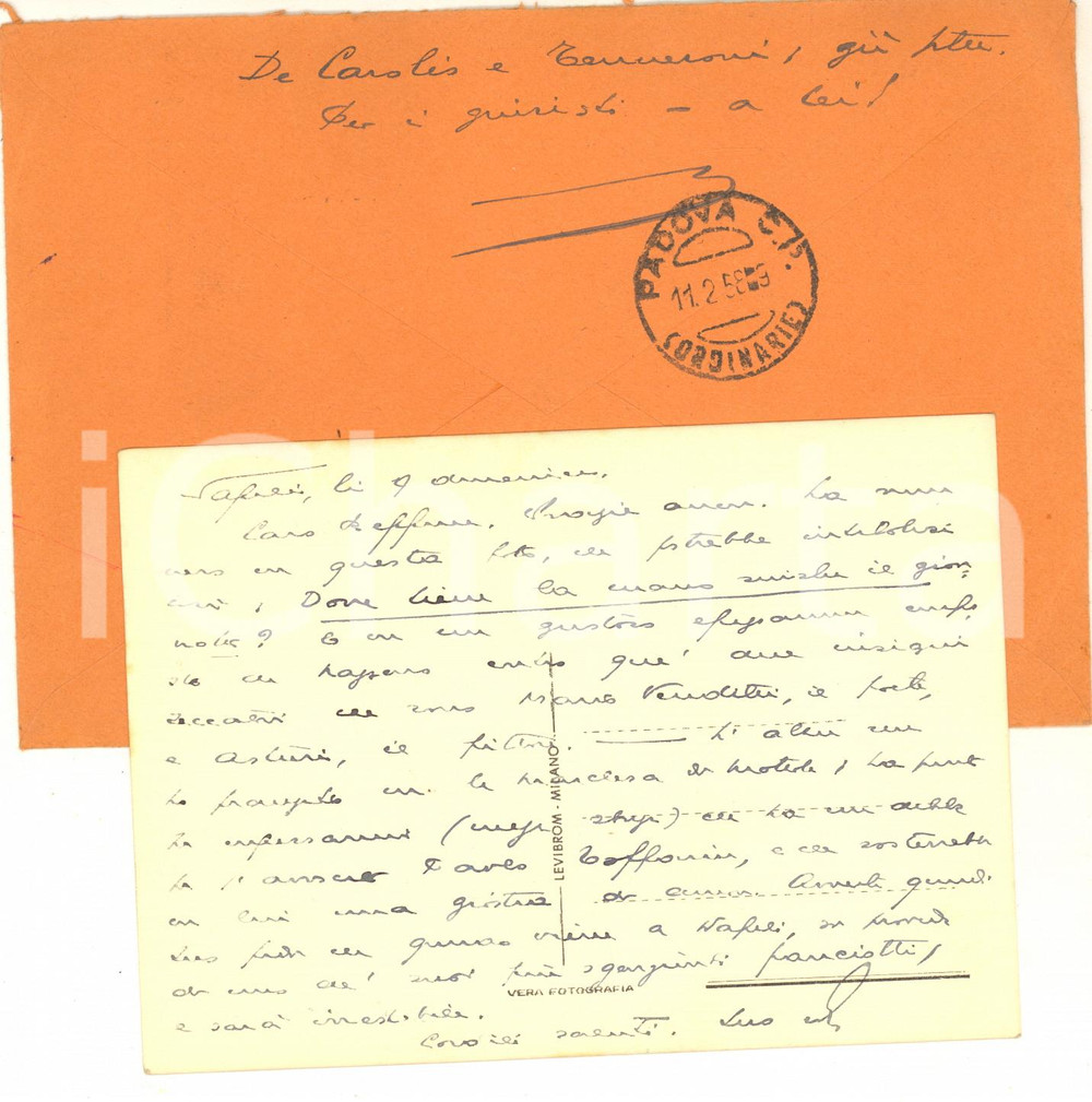 Autografo originale 1958 NAPOLI IL MATTINO Cartolina Giovanni ANSALDO a un amico  AUTOGRAFO 1