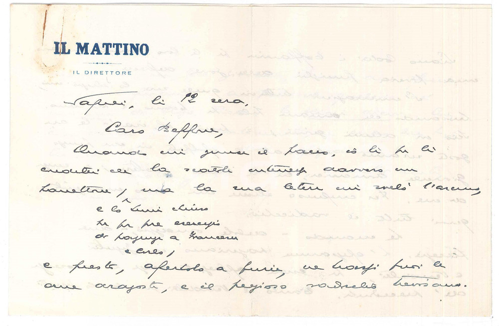 Autografo originale 1955 ca NAPOLI Lettera direttore Giovanni ANSALDO a un amico AUTOGRAFO 1