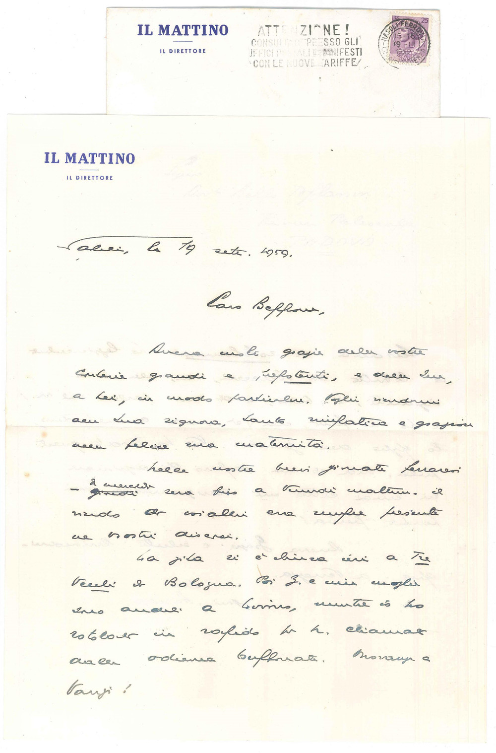 Autografo originale 1959 NAPOLI IL MATTINO Giovanni ANSALDO in gita a Ferrara e Bologna  AUTOGRAFO 1