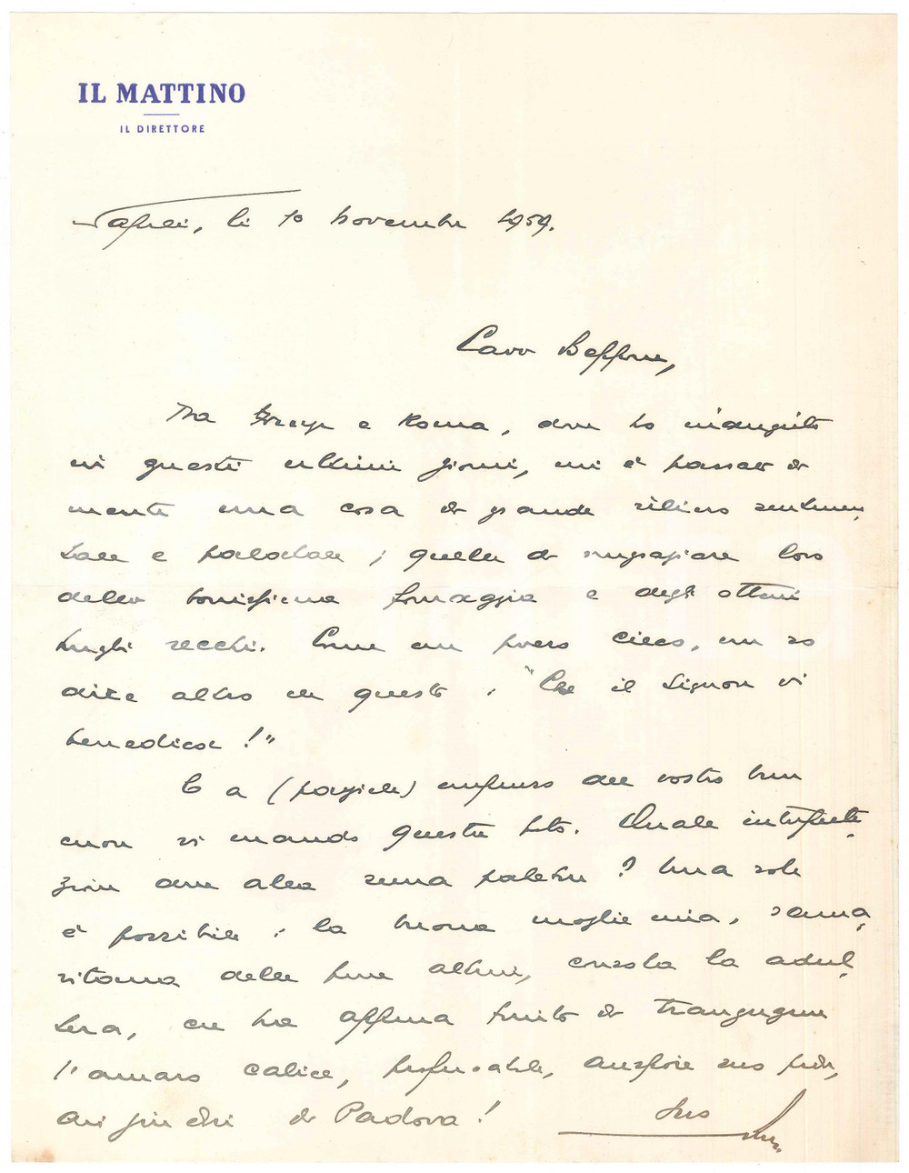 Autografo originale 1959 NAPOLI IL MATTINO Lettera Giovanni ANSALDO per invio di una foto AUTOGRAFO 1