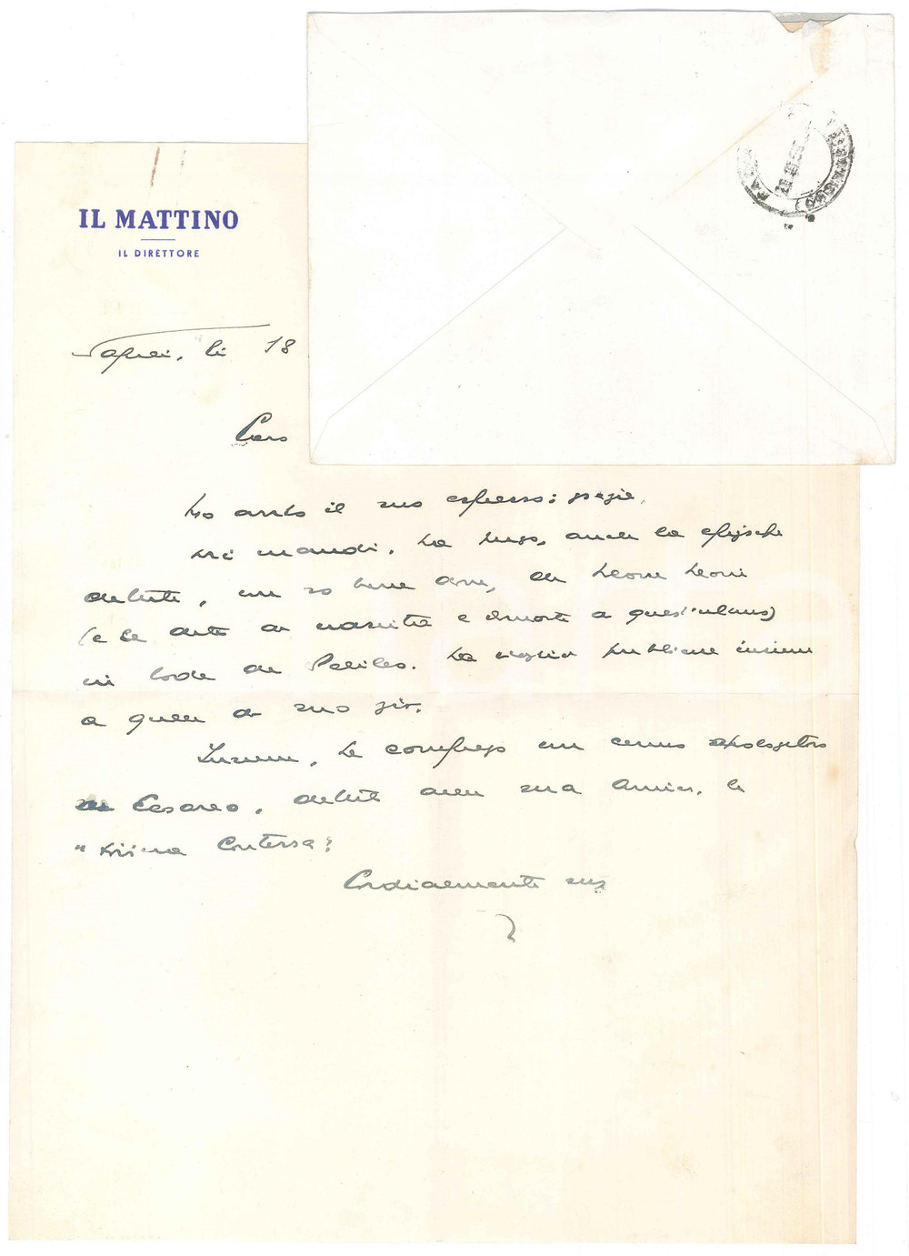 Autografo originale 1959 NAPOLI IL MATTINO Lettera Giovanni ANSALDO per pubblicazione  AUTOGRAFO 1