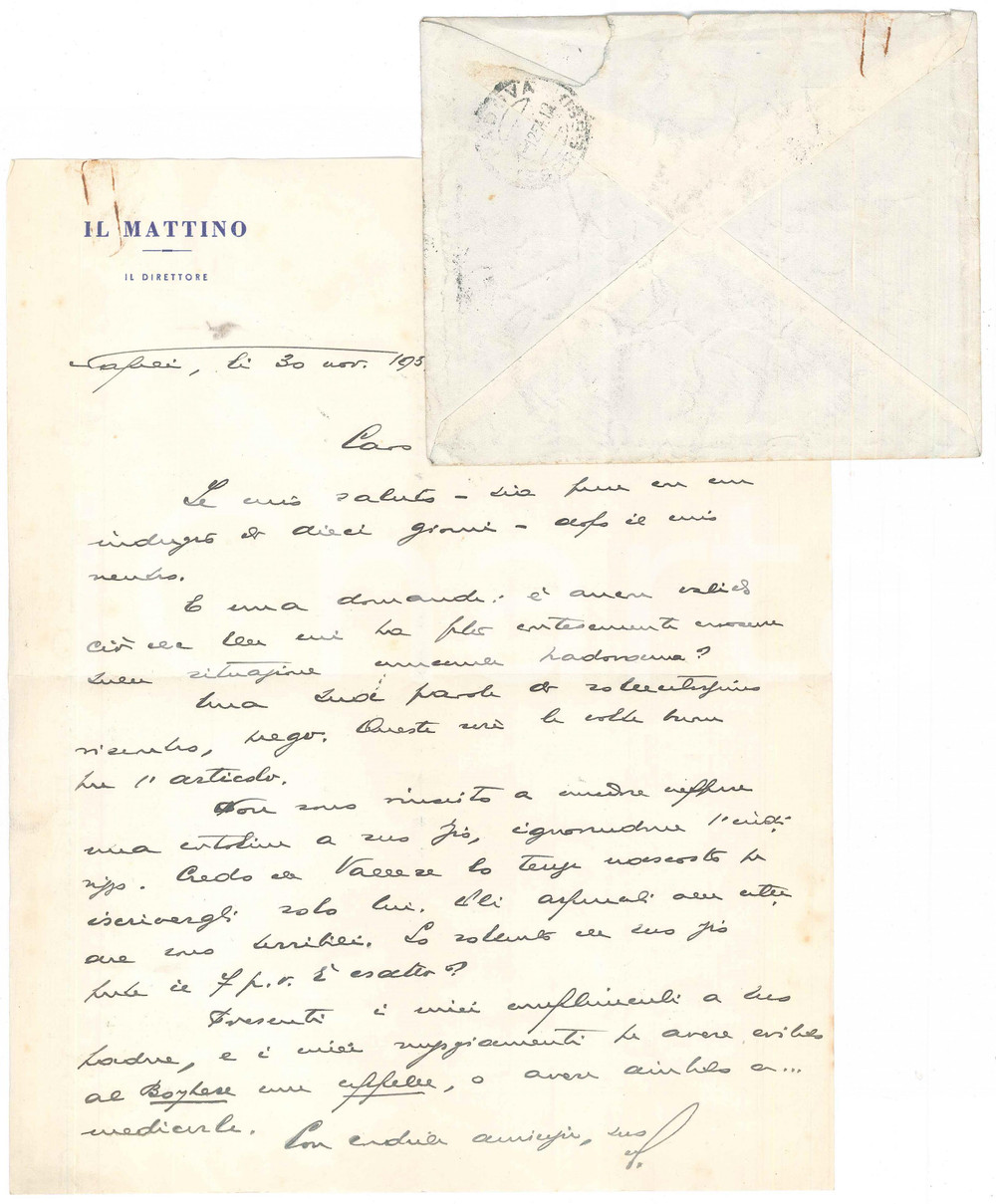Autografo originale 1954 NAPOLI IL MATTINO Lettera Giovanni ANSALDO a un amico  AUTOGRAFO 1