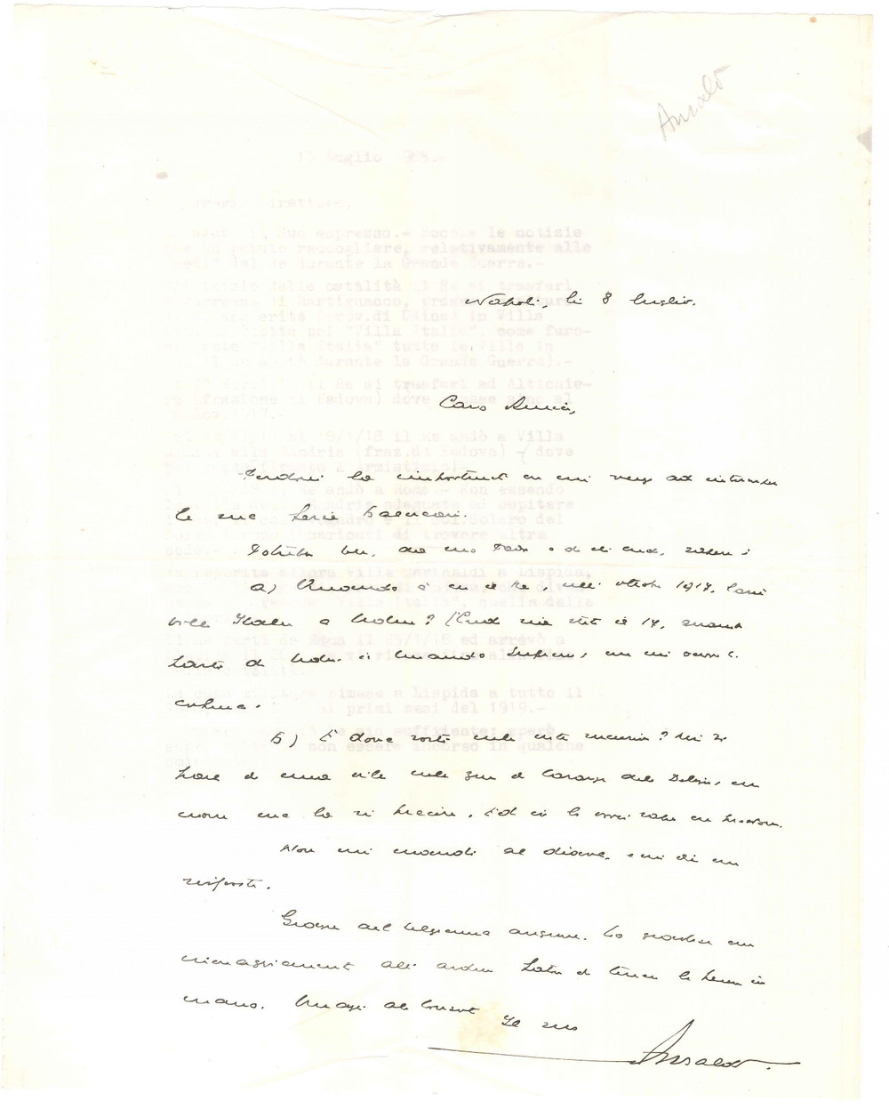 Autografo originale 1965 NAPOLI Lettera Giovanni ANSALDO  Spostamenti del re nel 1917   AUTOGRAFO 1