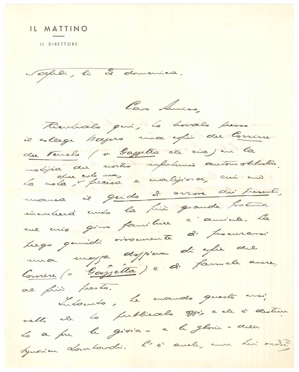 Autografo originale 1960 ca NAPOLI IL MATTINO Giovanni ANSALDO chiede copie del Corriere AUTOGRAFO 1