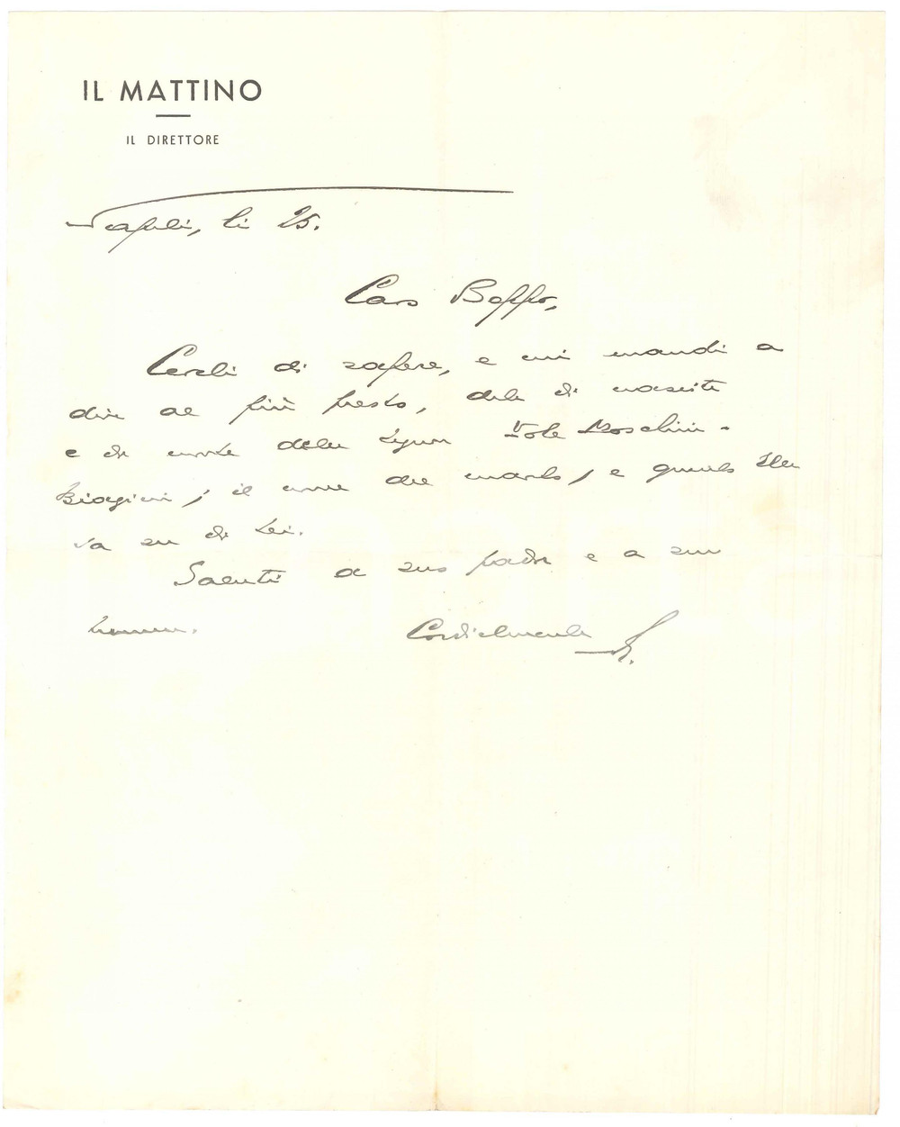 Autografo originale 1960 ca NAPOLI IL MATTINO Lettera Giovanni ANSALDO per dati personali Autografo 1