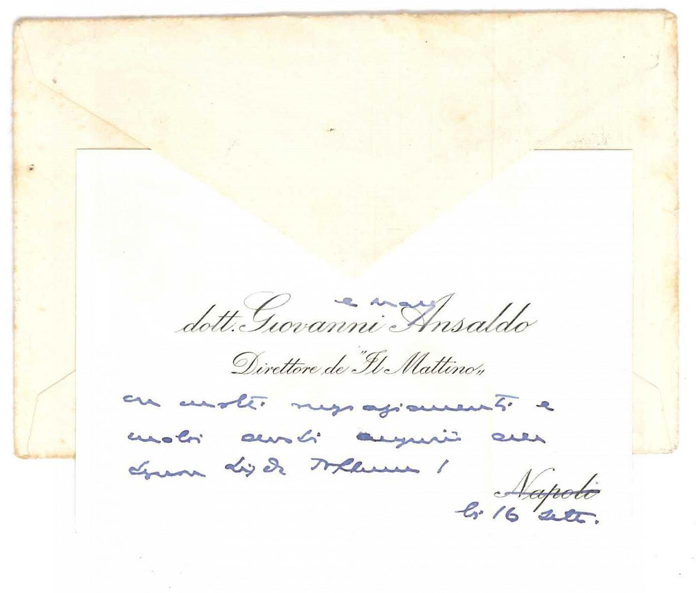 Autografo originale 1960 ca NAPOLI Giovanni ANSALDO  Direttore de Il Mattino Biglietto AUTOGRAFO 1