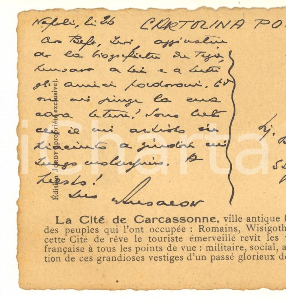 Autografo originale 1959 CARCASSONNE F Cartolina Giovanni ANSALDO per articolo  AUTOGRAFO 1
