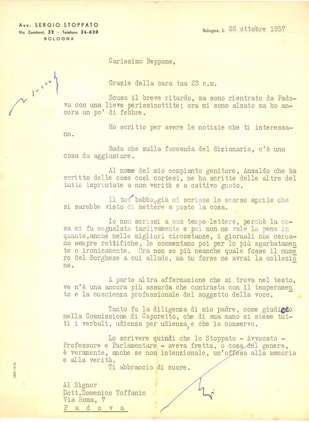 Autografo originale 1957 BOLOGNA Lettera avv. Sergio STOPPATO per articoli non veritieri Autografo 1